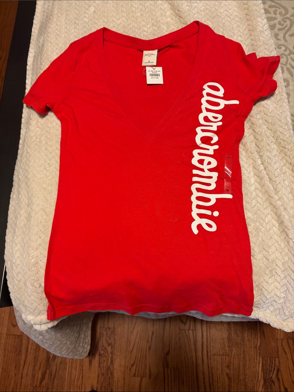 Abercrombie & Fitch Red V-Neck Tee with White Vertical Logo